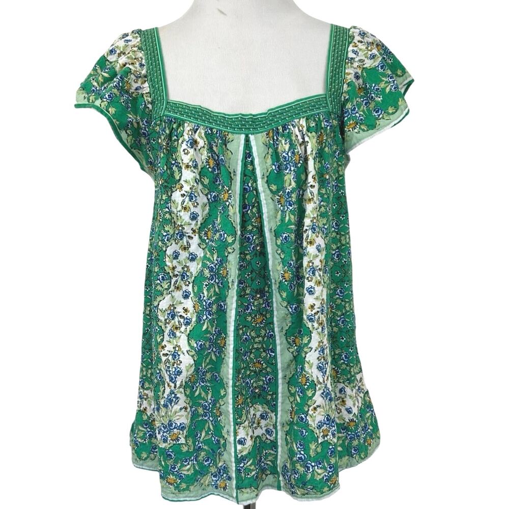 Max Studio Green Floral Square-Neck Flutter Sleeve Blouse